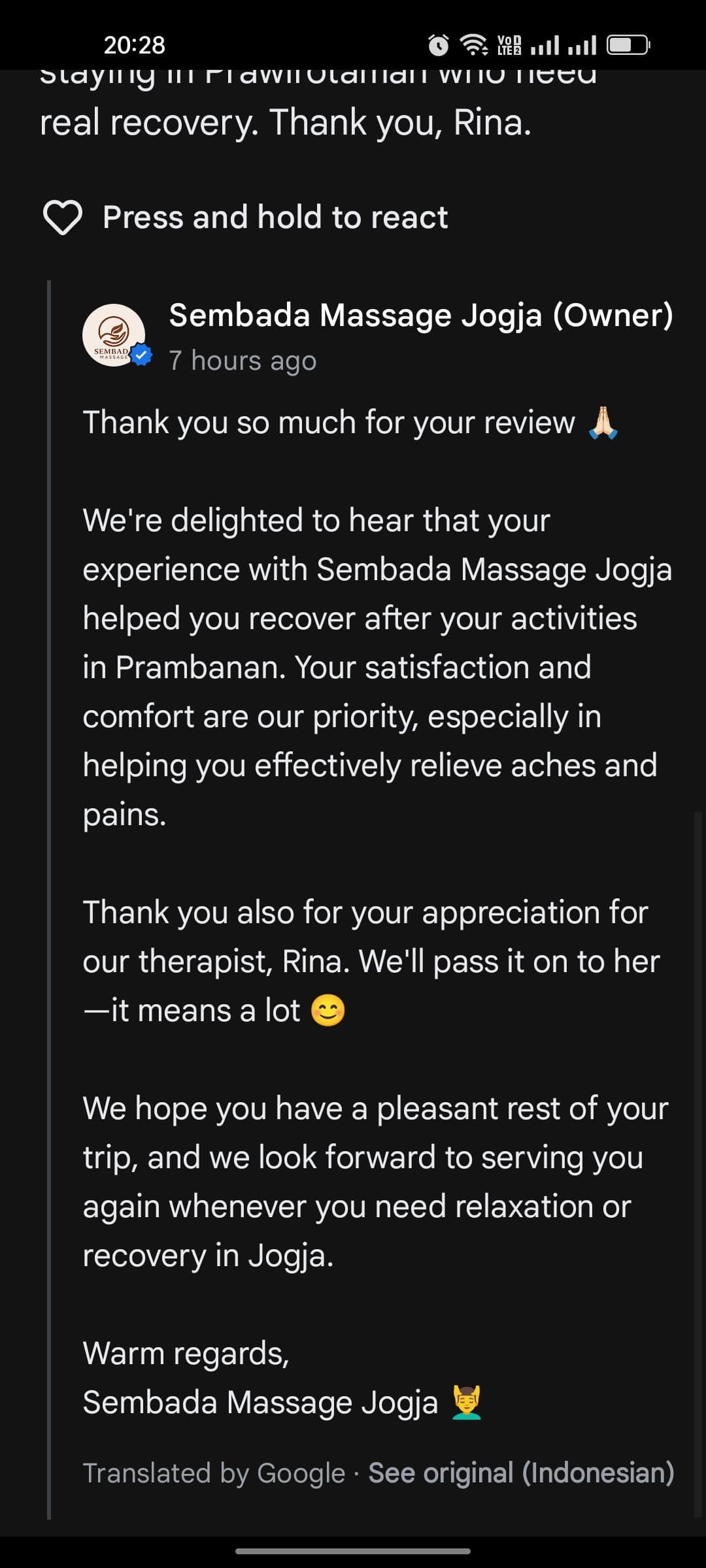 Sembada Massage Jogja owner reply to Manoj Kumar 5-star review thanking for feedback on therapist Rina deep tissue recovery massage Yogyakarta