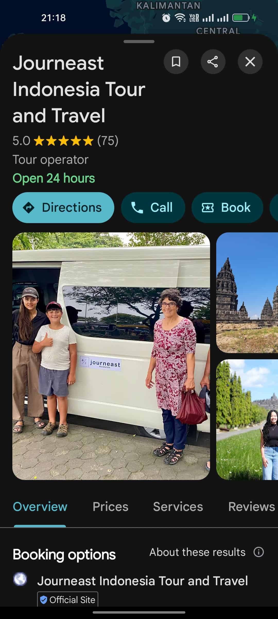 Journeast Indonesia Tour and Travel Google Maps listing showing 5.0 star rating from 75 reviews, tour van and Prambanan Temple photos, Yogyakarta private driver service