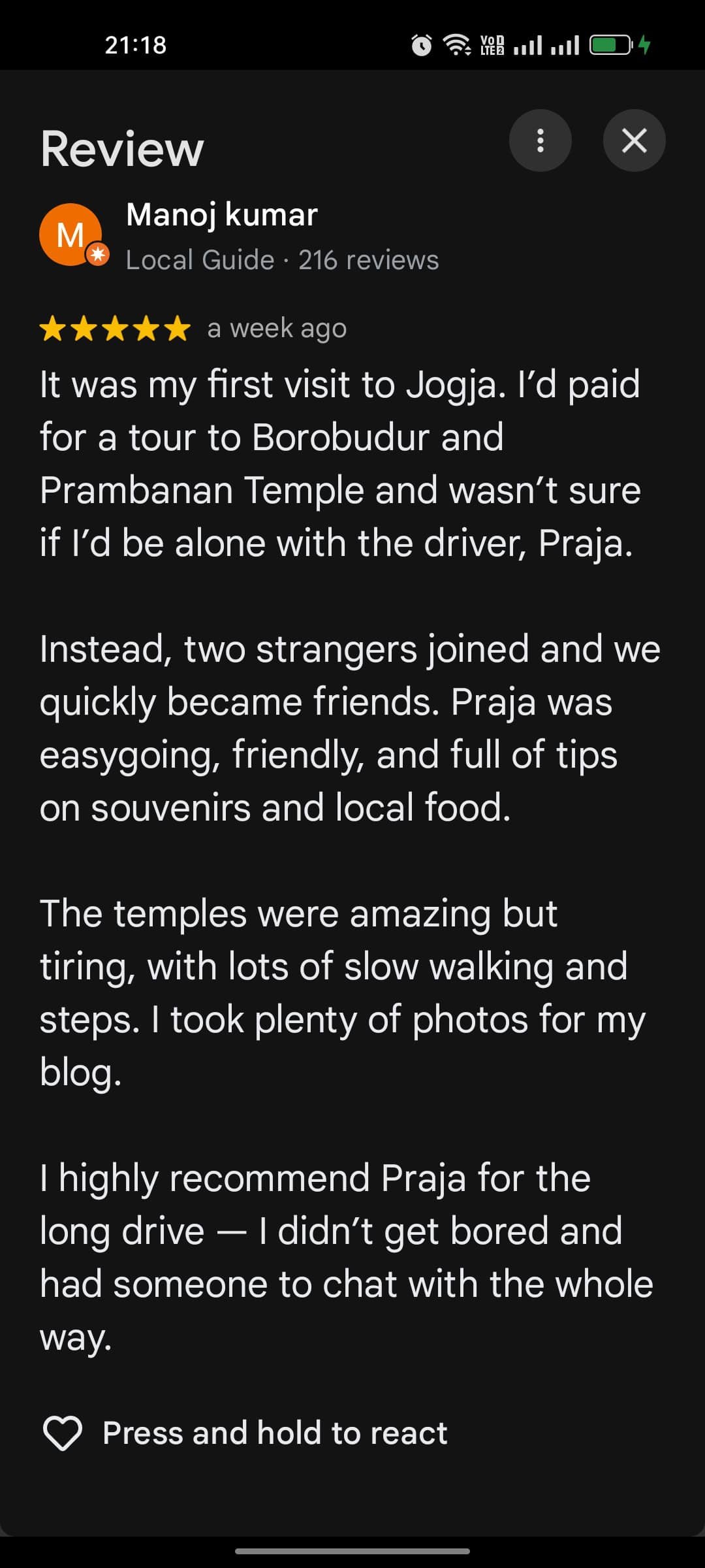 Manoj Kumar 5-star Google review for Journeast Indonesia Tour praising driver Praja for Borobudur sunrise and Prambanan Temple private tour Yogyakarta solo travel